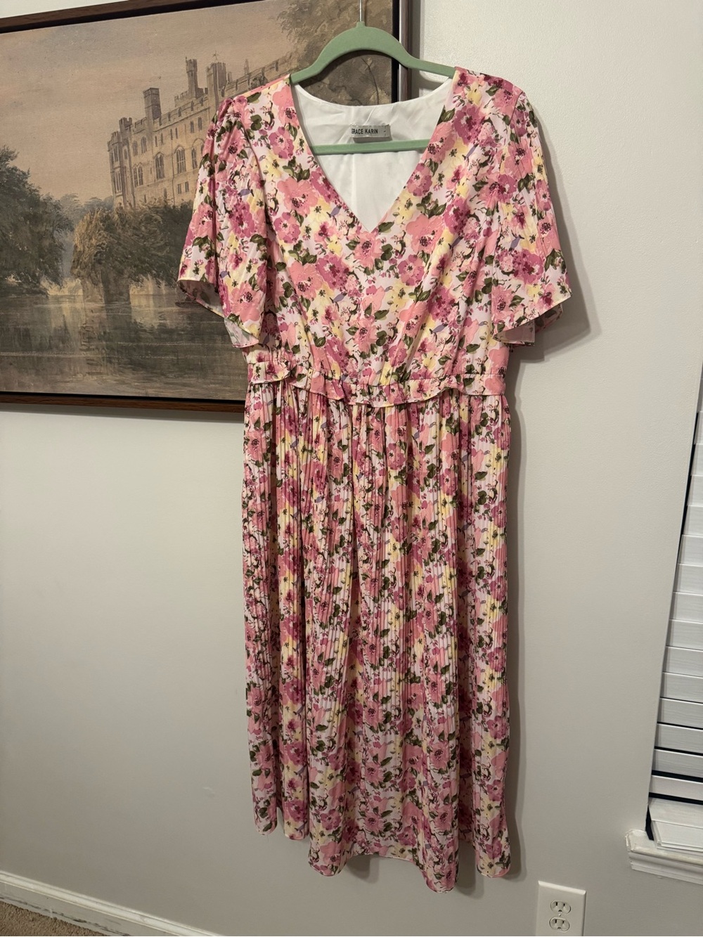 Grace Karin Pink Floral Midi Dress with V-Neck